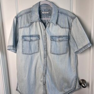 We The Free The Short Of It Oversized Denim Top Light Blue Faded Pearl Snaps L
